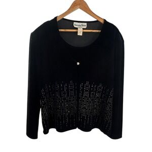 Another Thyme Black Long Sleeve Embellished Rhinestone Velvet Trim‎ Top XL